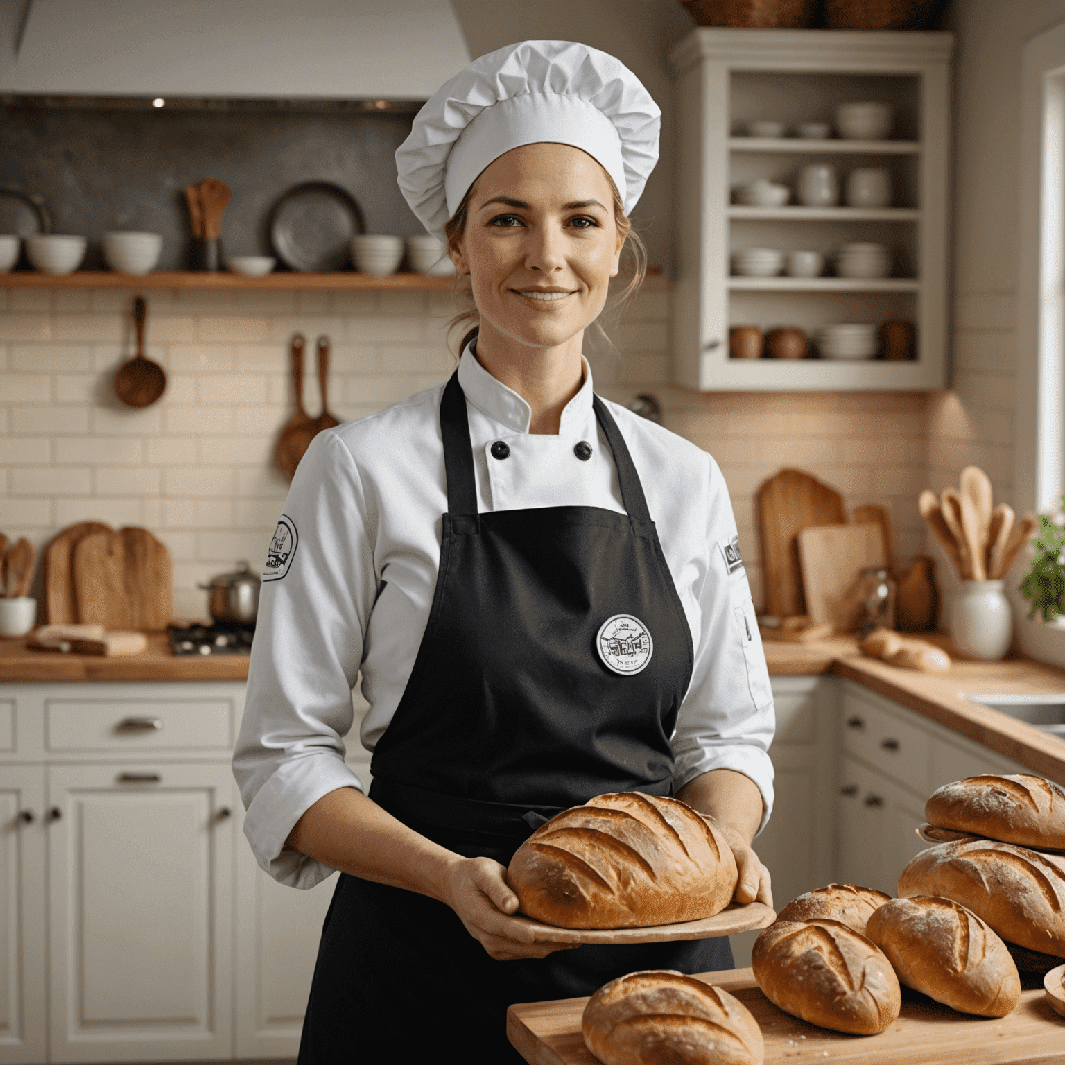 Sarah Johnson, a professional baker with 15 years of experience, standing in a modern kitchen wearing a chef's uniform and holding a freshly baked loaf of artisan bread