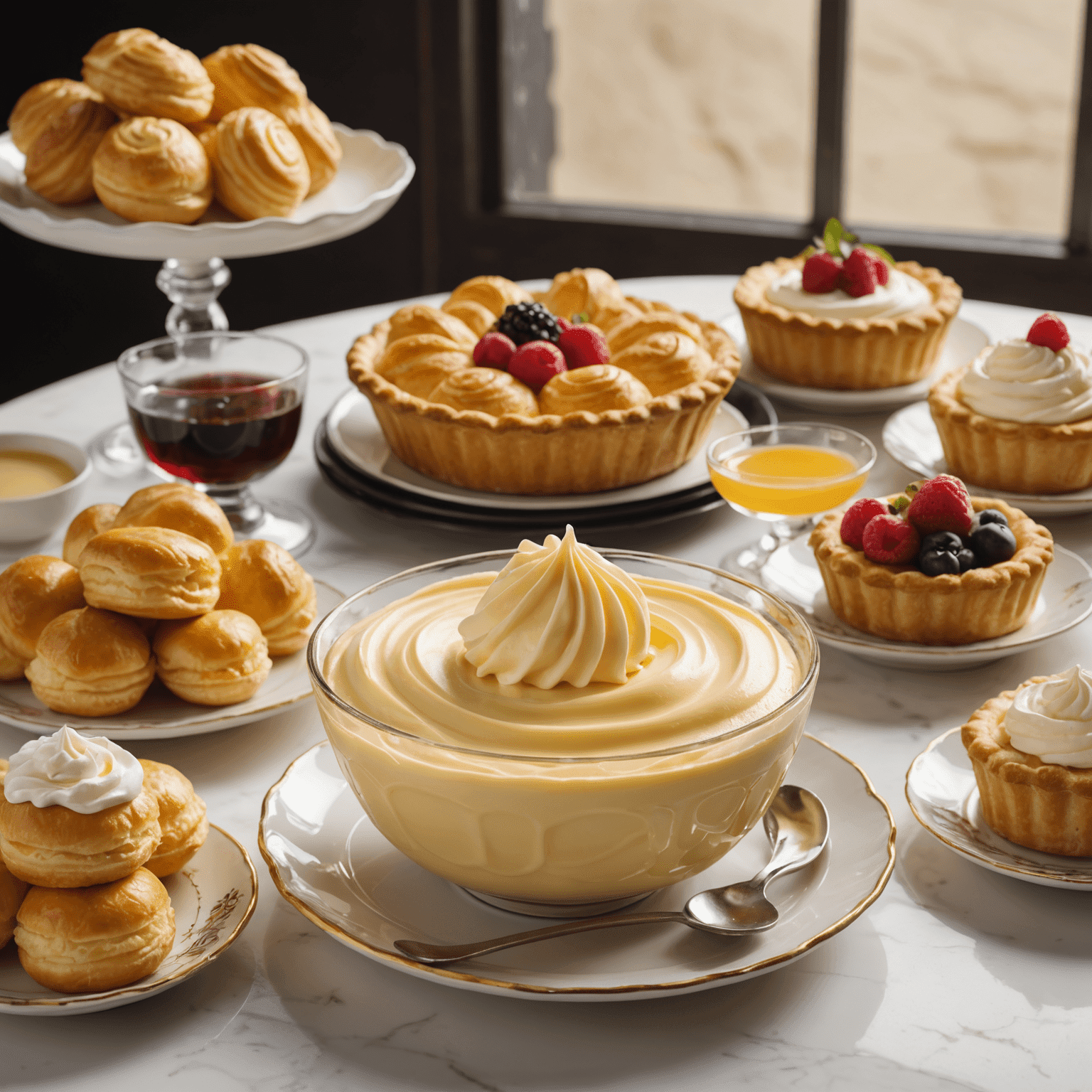 A bowl of smooth, golden pastry cream with a whisk resting beside it. In the background, various desserts that use pastry cream such as eclairs, fruit tarts, and cream puffs are visible.