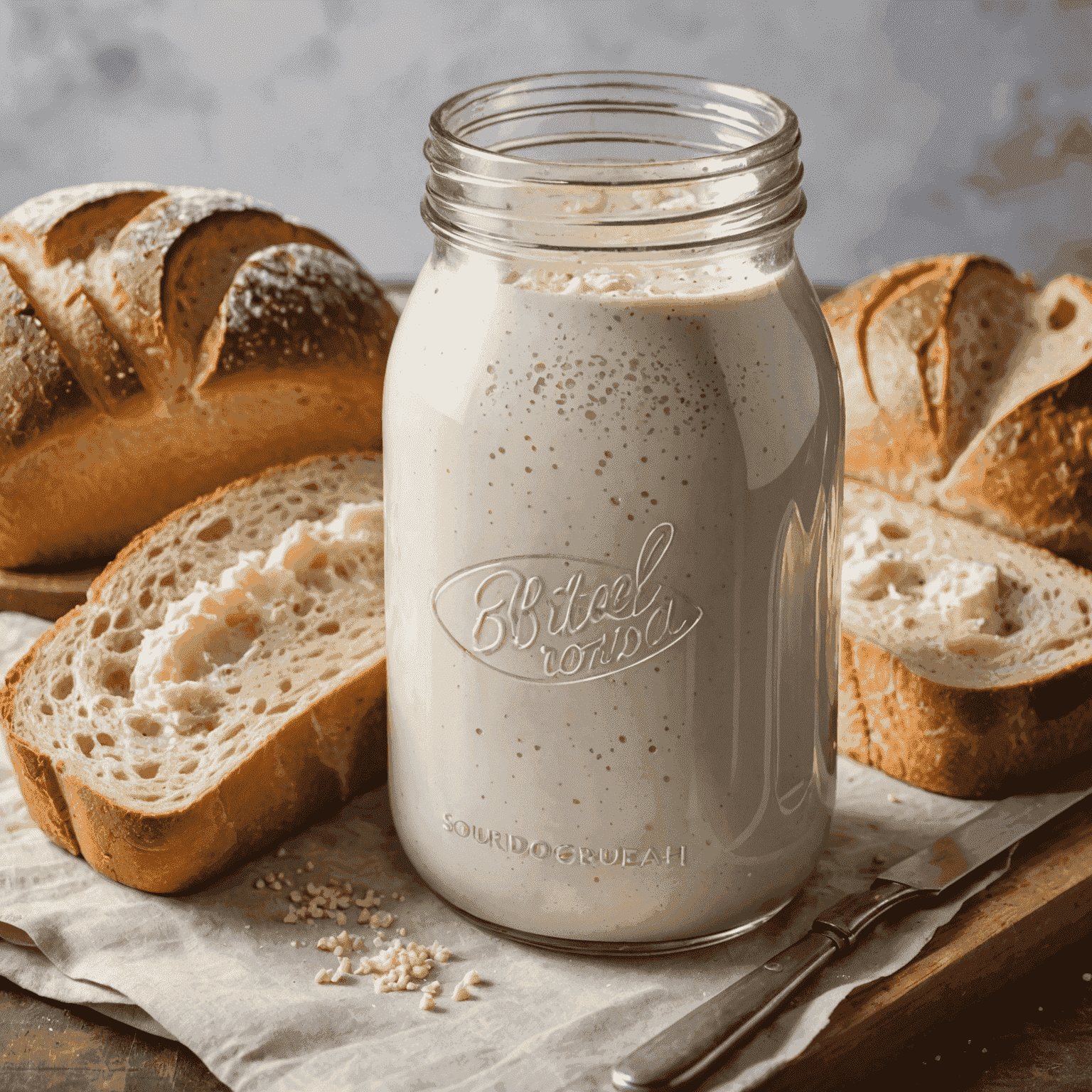 A glass jar containing active sourdough starter with bubbles, next to a freshly baked loaf of sourdough bread