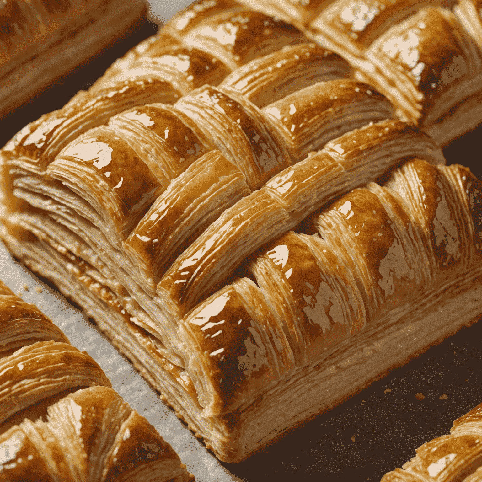 A close-up of flaky, golden-brown puff pastry layers, showing the intricate structure and delicate texture