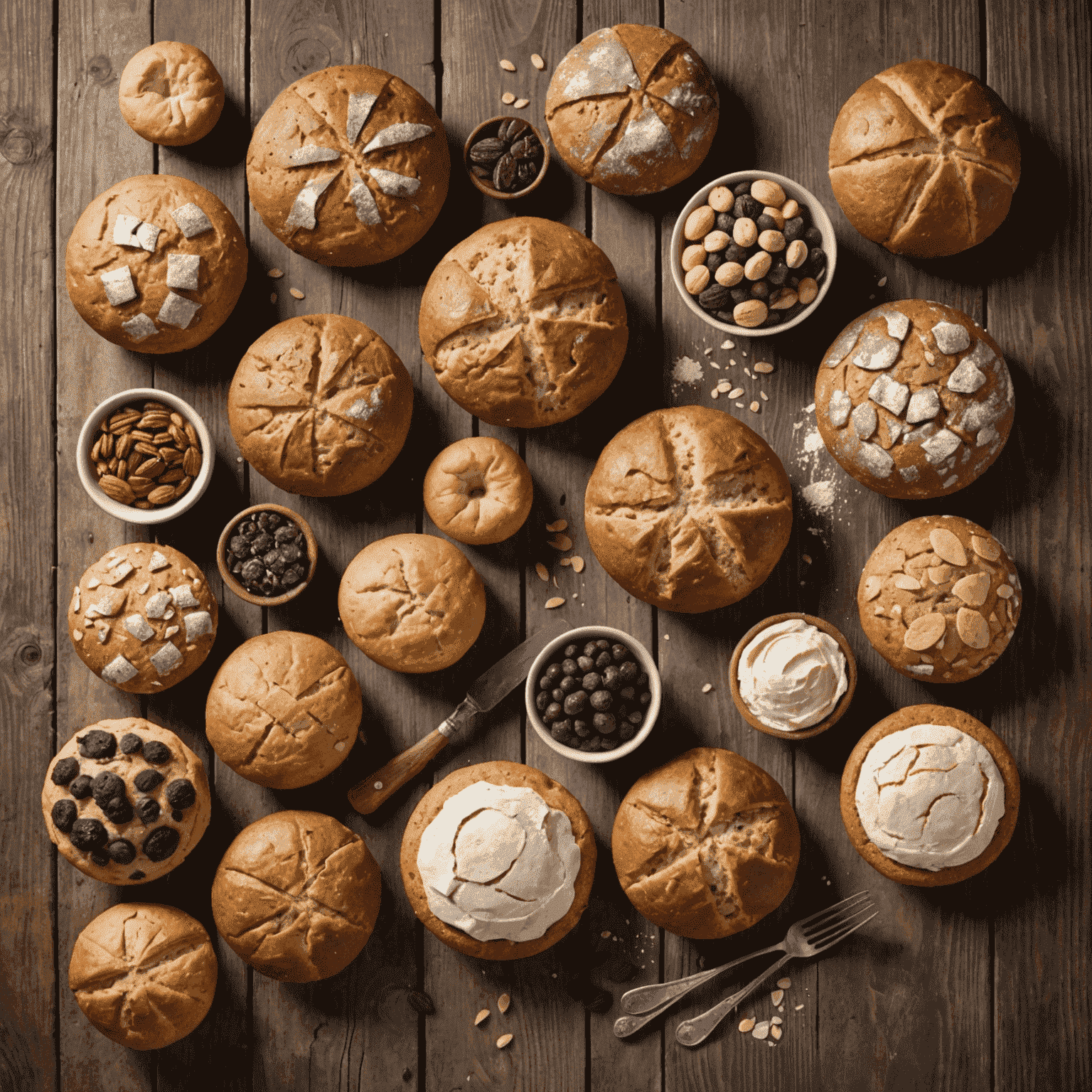 A variety of gluten-free flours and baked goods including bread, muffins, and cookies arranged on a rustic wooden table