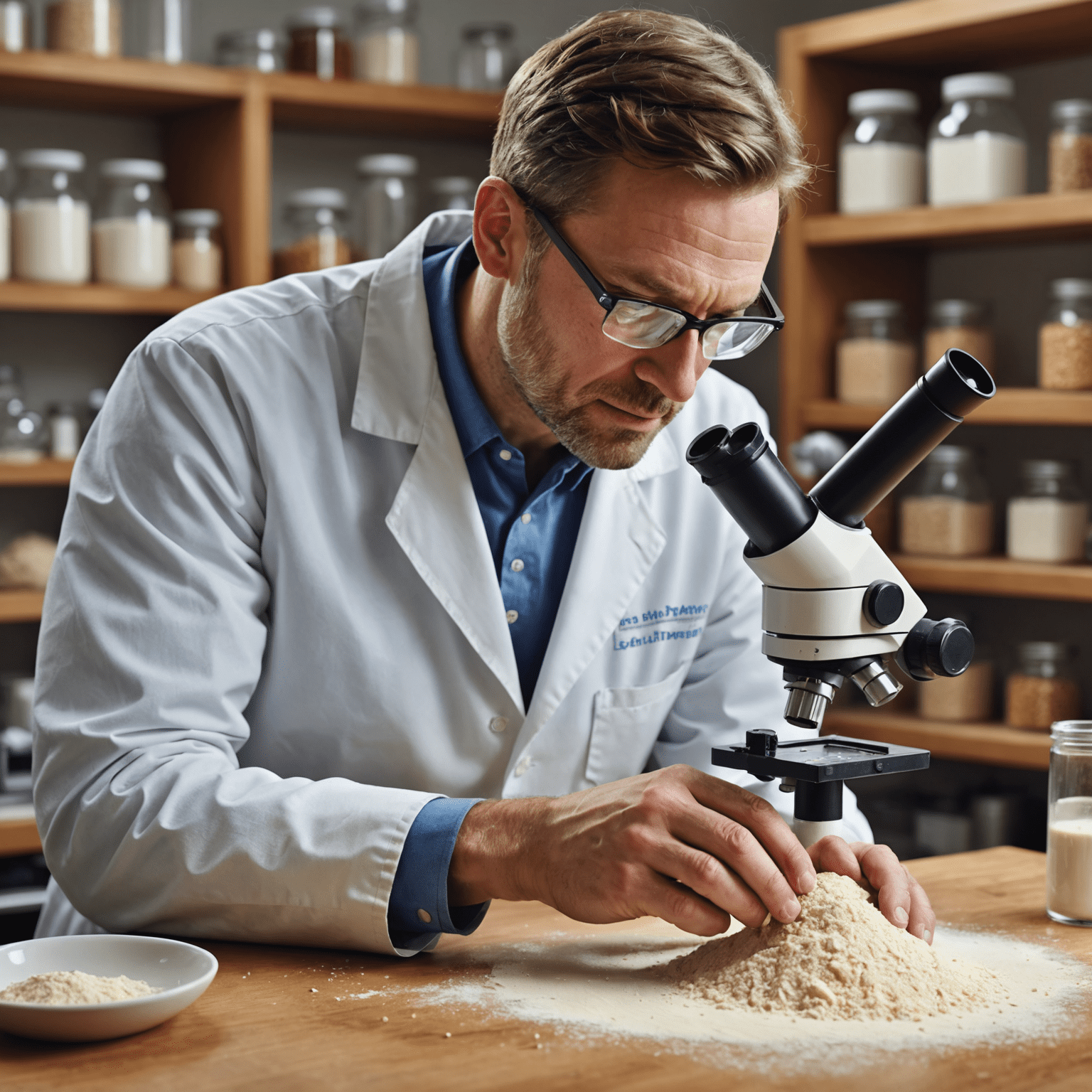 Mark Thompson, a food scientist, in a laboratory setting examining different types of flour under a microscope