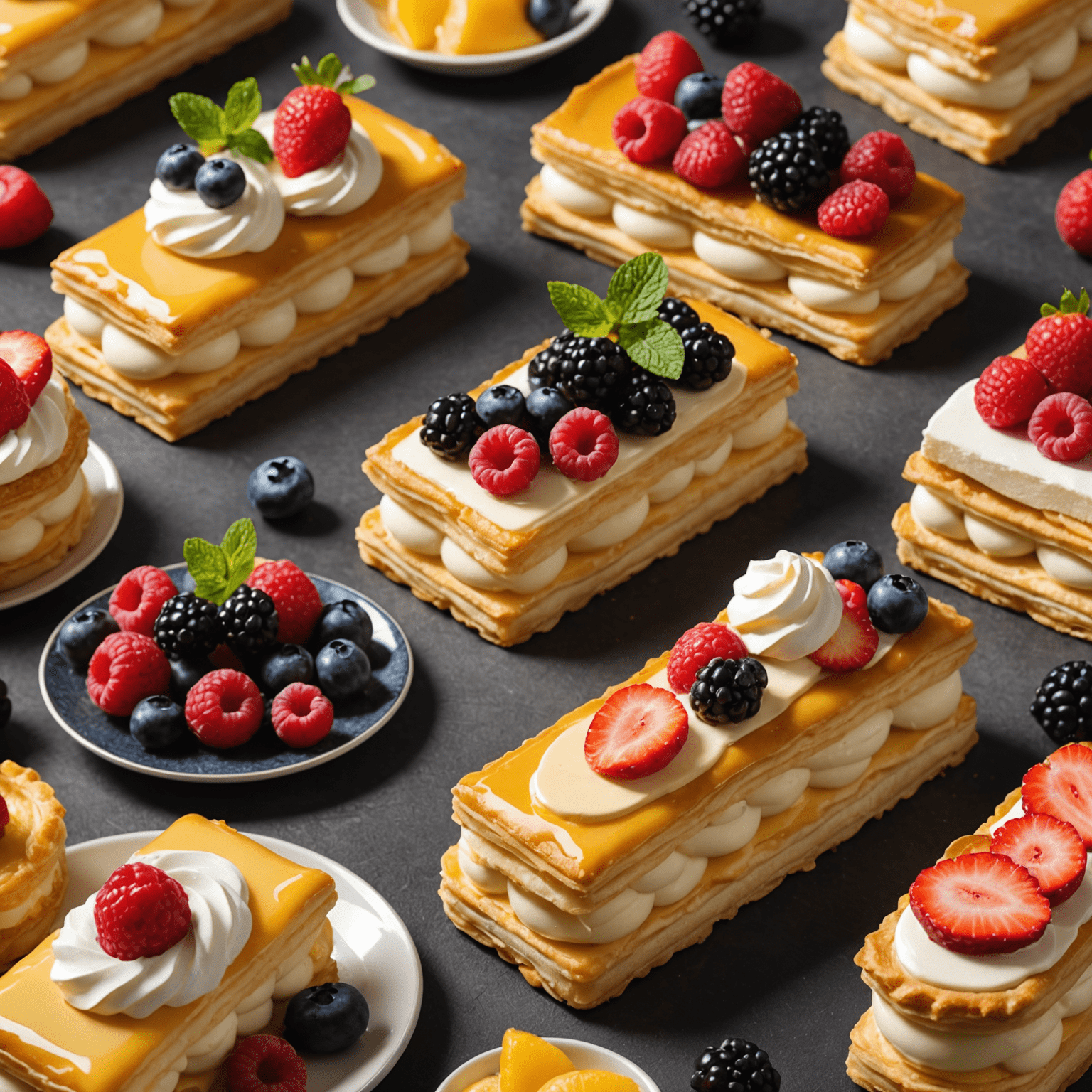 An assortment of desserts showcasing pastry cream: a sliced eclair revealing its creamy filling, a fruit tart with a layer of pastry cream beneath fresh berries, and a slice of mille-feuille with layers of puff pastry and pastry cream.