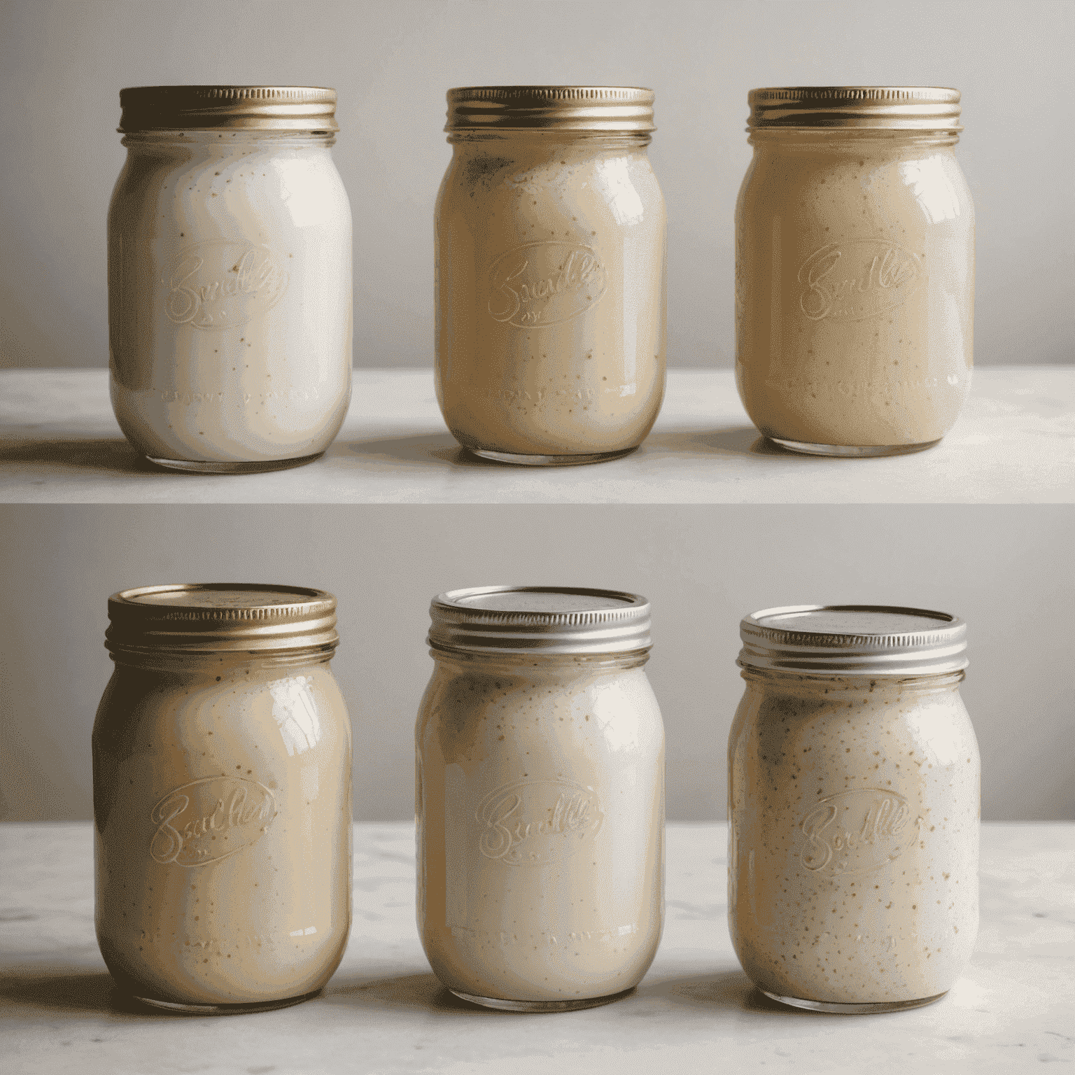 A series of four jars showing the progression of a sourdough starter from day 1 to day 7, with increasing bubbles and volume