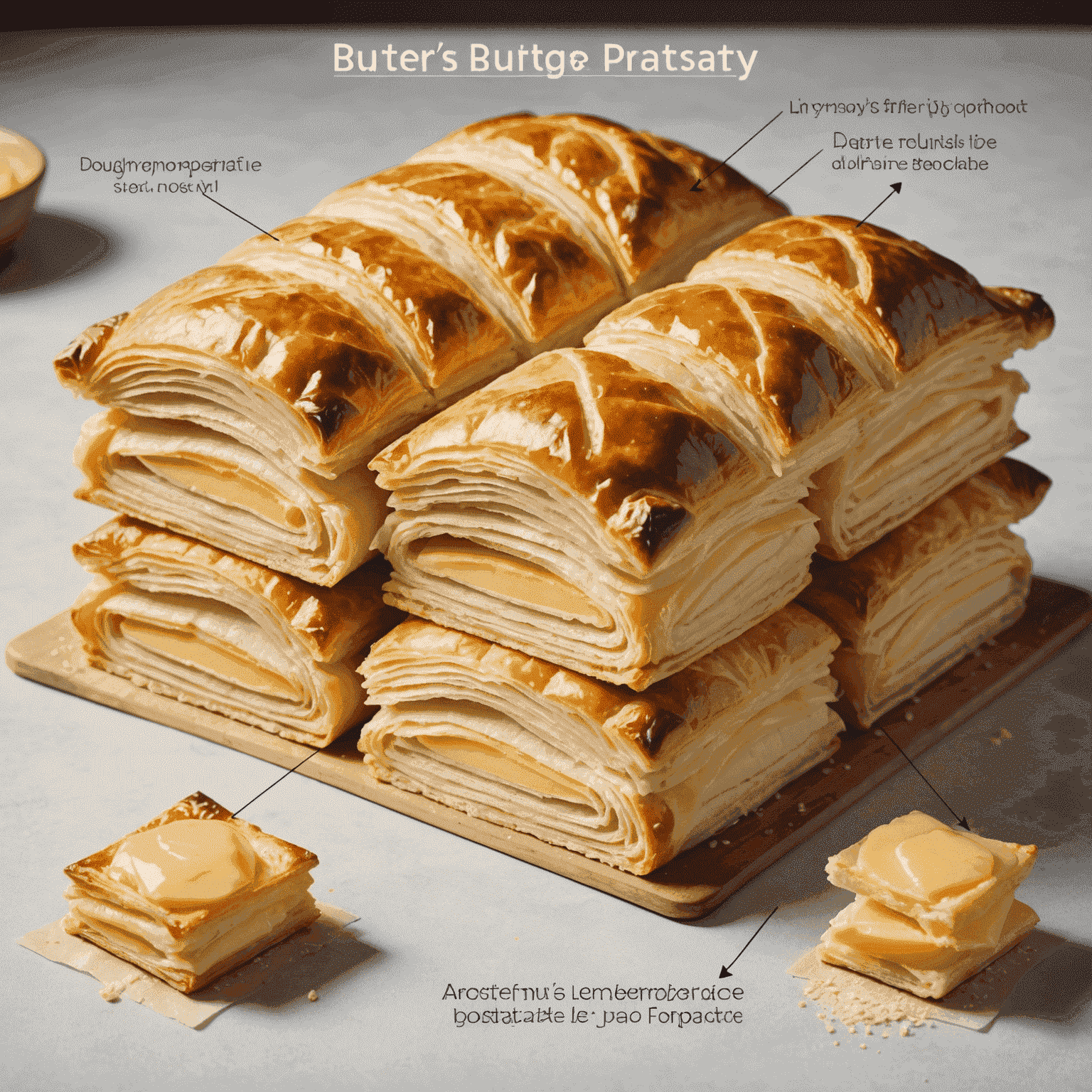 A diagram showing the layers of dough and butter in puff pastry, with arrows indicating the steam's expansion during baking