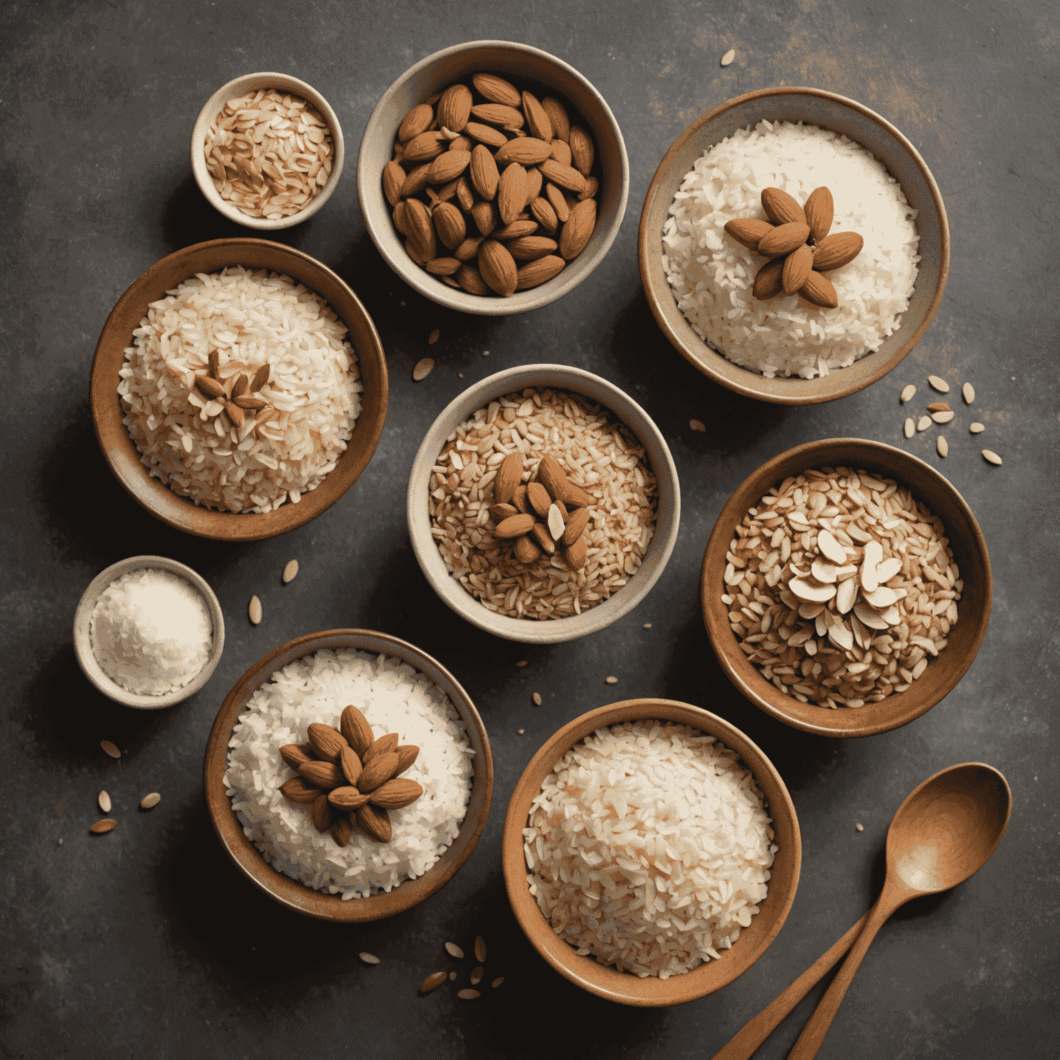 Four bowls containing different gluten-free flours: almond, rice, coconut, and buckwheat, with labels and small baked goods samples next to each