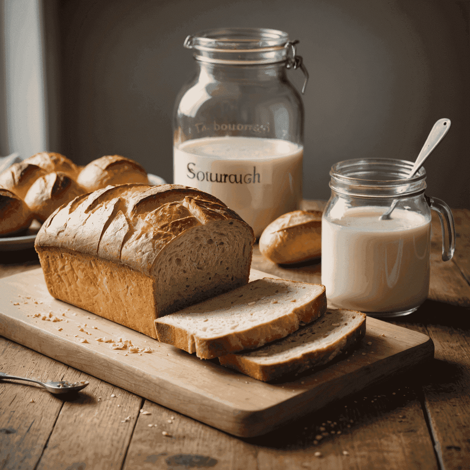 A beautifully scored loaf of sourdough bread with a golden crust, next to the jar of starter used to make it