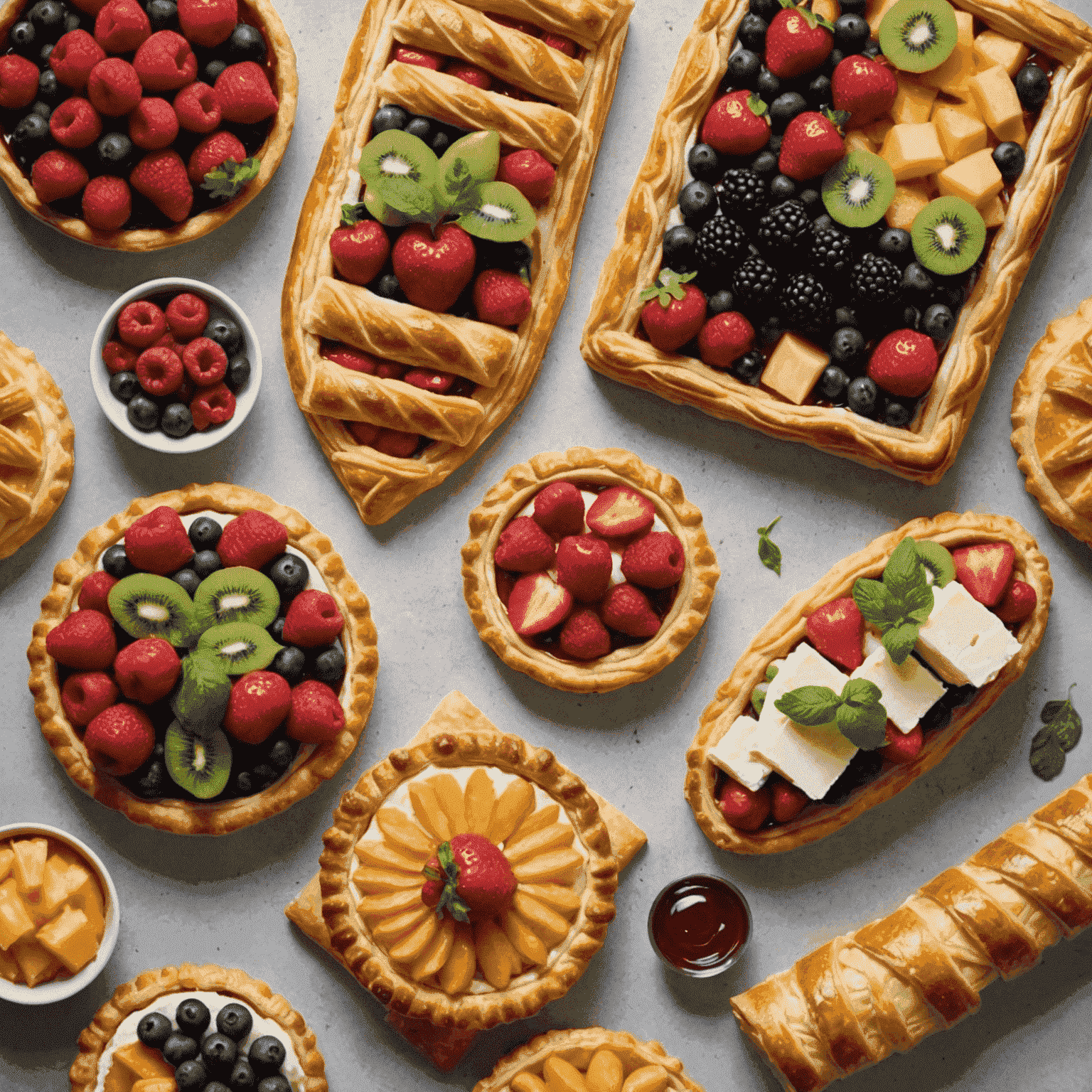 A variety of puff pastry creations including a fruit tart, savory pie, and cheese straws, showcasing the versatility of puff pastry