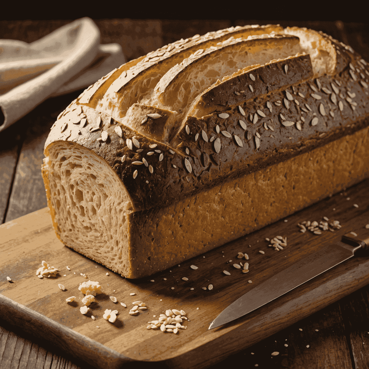 A freshly baked loaf of gluten-free artisan bread with a golden crust, sliced to show the airy interior, placed on a wooden cutting board